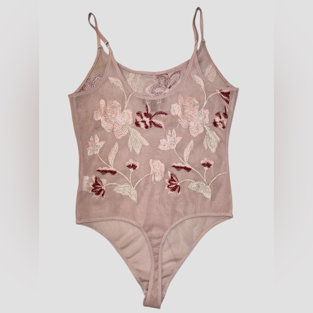 EXPRESS small pink sheer floral embroidered bodysuit tank adjustable straps - Picture 2 of 2